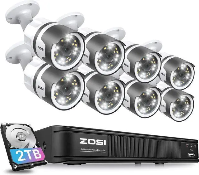 Main image of ZOSI 8 Channel 5MP PoE NVR Security Camera System, 8 x Wired 5MP(3K) Bullet PoE IP Cameras Outdoor with Spotlights and 2-Way Talk, Human Detection, Sound & Light Alarm, 2TB HDD for 24/7 Recording