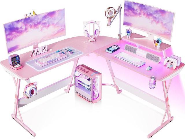 Pink Gaming Desk with LED Lights, Carbon Fiber L Shaped Gaming