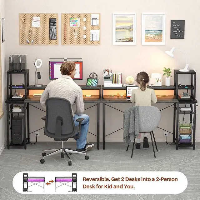 Alt view image 3 of 7 - 47.2'' Gaming Desk with LED Lights, Small Computer Desk with Long Monitor Stand, Reversible Laptop Table with Storage Shelves, Small Desk for Small Spaces, Gaming Room, Gray