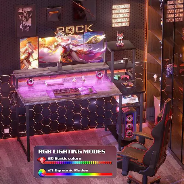 Alt view image 5 of 7 - 47.2'' Gaming Desk with LED Lights, Small Computer Desk with Long Monitor Stand, Reversible Laptop Table with Storage Shelves, Small Desk for Small Spaces, Gaming Room, Gray