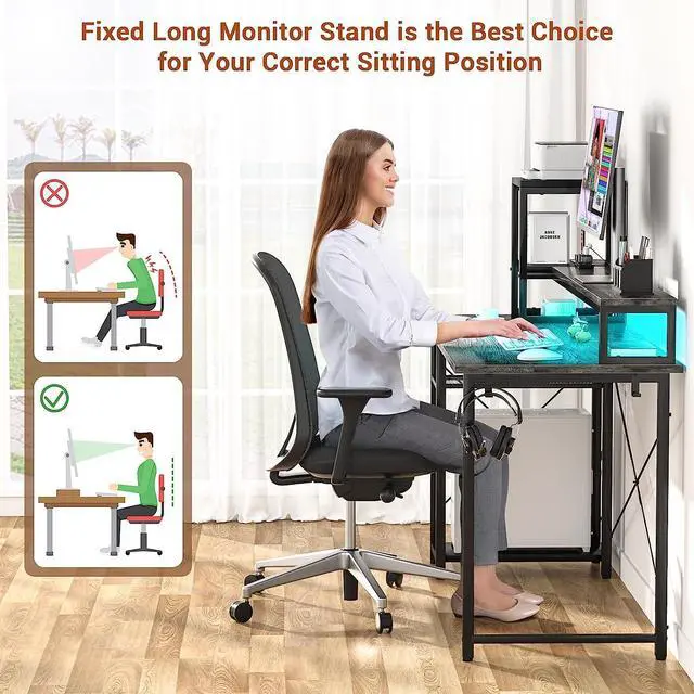 Alt view image 6 of 7 - 47.2'' Gaming Desk with LED Lights, Small Computer Desk with Long Monitor Stand, Reversible Laptop Table with Storage Shelves, Small Desk for Small Spaces, Gaming Room, Gray
