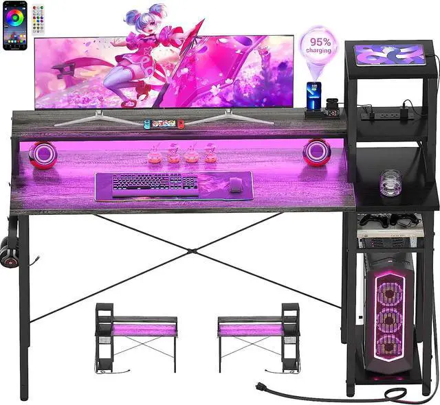 Main image of 47.2'' Gaming Desk with LED Lights, Small Computer Desk with Long Monitor Stand, Reversible Laptop Table with Storage Shelves, Small Desk for Small Spaces, Gaming Room, Gray