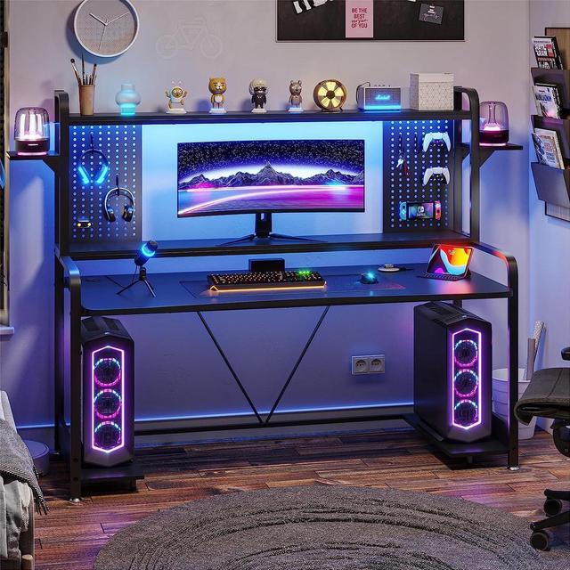 Gaming Desk, 55 Computer Desk with Hutch and Shelves, Gaming Desk with LED  Lights, Pegboard & Monitor Shelf, Large PC Gamer Desk Workstation for Home