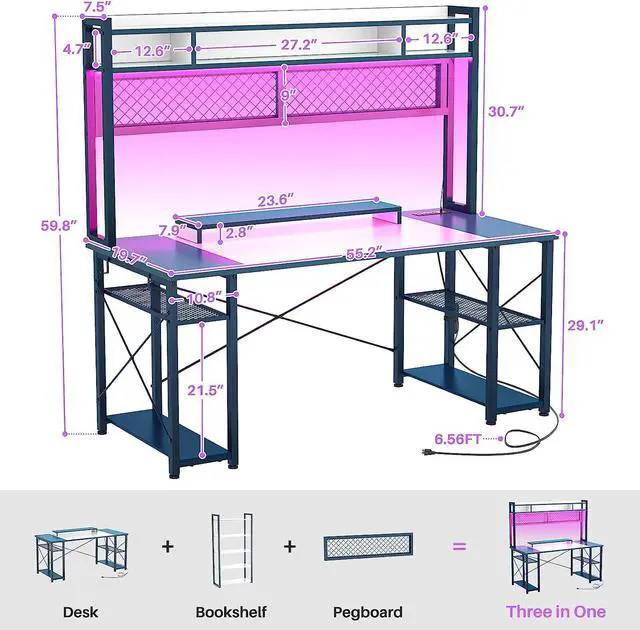 Alt view image 6 of 7 - Gaming Desk with Hutch, 55.2'' Magic Computer Desk with LED Lights and Outlets, Reversible Workstation Desk with Pegboard and Monitor Stand, Gamer Desk PC Table, White and Blue
