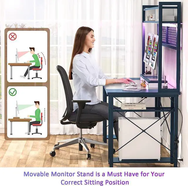 Alt view image 2 of 7 - Gaming Desk with Hutch, 55.2'' Magic Computer Desk with LED Lights and Outlets, Reversible Workstation Desk with Pegboard and Monitor Stand, Gamer Desk PC Table, White and Blue