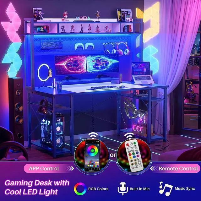 Alt view image 3 of 7 - Gaming Desk with Hutch, 55.2'' Magic Computer Desk with LED Lights and Outlets, Reversible Workstation Desk with Pegboard and Monitor Stand, Gamer Desk PC Table, White and Blue