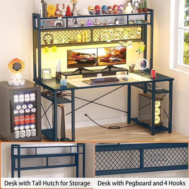 Alt view image 4 of 7 - Gaming Desk with Hutch, 55.2'' Magic Computer Desk with LED Lights and Outlets, Reversible Workstation Desk with Pegboard and Monitor Stand, Gamer Desk PC Table, White and Blue