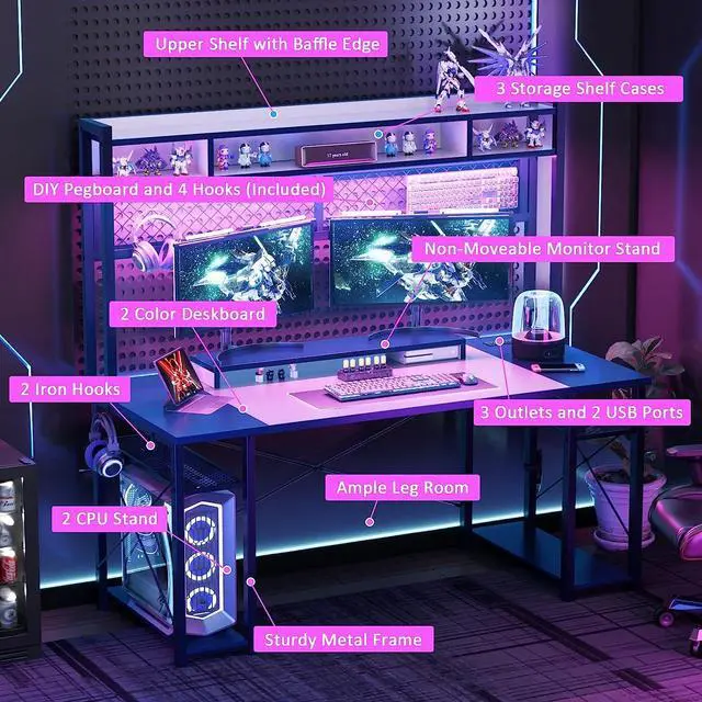 Alt view image 5 of 7 - Gaming Desk with Hutch, 55.2'' Magic Computer Desk with LED Lights and Outlets, Reversible Workstation Desk with Pegboard and Monitor Stand, Gamer Desk PC Table, White and Blue