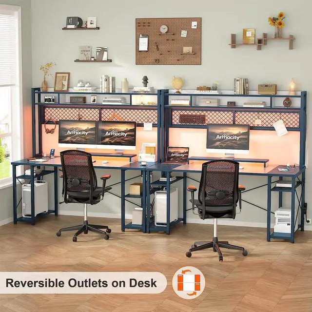 Alt view image 7 of 7 - Gaming Desk with Hutch, 55.2'' Magic Computer Desk with LED Lights and Outlets, Reversible Workstation Desk with Pegboard and Monitor Stand, Gamer Desk PC Table, White and Blue