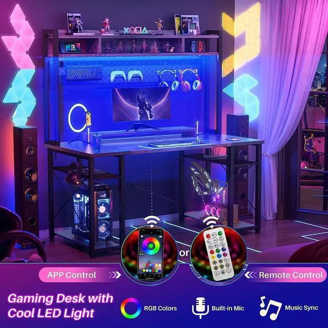 Alt view image 3 of 7 - Gaming Desk with Hutch, 48'' Magic Computer Desk with LED Lights and Outlets, Reversible Workstation Desk with Pegboard and Monitor Stand, 48 Gamer Desk PC Table, Grey and Black