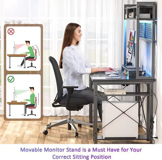 Alt view image 2 of 7 - Gaming Desk with Hutch, 48'' Magic Computer Desk with LED Lights and Outlets, Reversible Workstation Desk with Pegboard and Monitor Stand, 48 Gamer Desk PC Table, Grey and Black