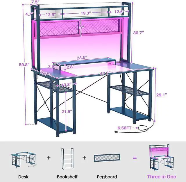 Alt view image 6 of 7 - Gaming Desk with Hutch, 48'' Magic Computer Desk with LED Lights and Outlets, Reversible Workstation Desk with Pegboard and Monitor Stand, 48 Gamer Desk PC Table, White and Blue