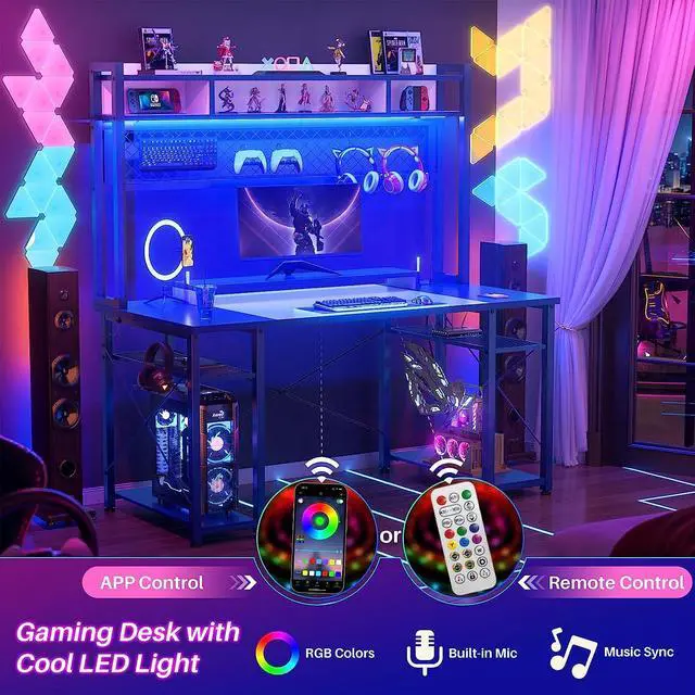 Alt view image 3 of 7 - Gaming Desk with Hutch, 48'' Magic Computer Desk with LED Lights and Outlets, Reversible Workstation Desk with Pegboard and Monitor Stand, 48 Gamer Desk PC Table, White and Blue