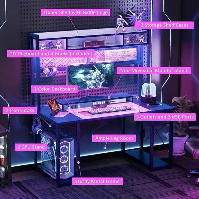 Alt view image 5 of 7 - Gaming Desk with Hutch, 48'' Magic Computer Desk with LED Lights and Outlets, Reversible Workstation Desk with Pegboard and Monitor Stand, 48 Gamer Desk PC Table, White and Blue