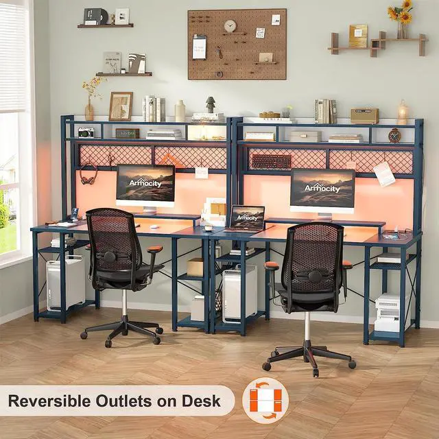 Alt view image 7 of 7 - Gaming Desk with Hutch, 48'' Magic Computer Desk with LED Lights and Outlets, Reversible Workstation Desk with Pegboard and Monitor Stand, 48 Gamer Desk PC Table, White and Blue