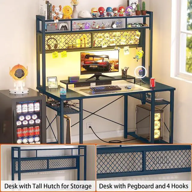 Alt view image 4 of 7 - Gaming Desk with Hutch, 48'' Magic Computer Desk with LED Lights and Outlets, Reversible Workstation Desk with Pegboard and Monitor Stand, 48 Gamer Desk PC Table, White and Blue