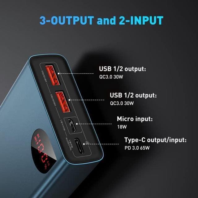Alt view image 4 of 7 - Baseus Power Bank, 65W 20000mAh Laptop Portable Charger, Fast Charging USB C 4-Port PD3.0 Battery Pack for MacBook Dell XPS IPad iPhone 14/13/12 Pro Mini Samsung Switch