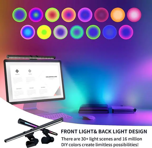 Alt view image 5 of 7 - RGB Monitor Light Bar, LED Dual Light Source Adjustable Color Temperature Eye Protection Anti-Glare Desk Lamp Touch Control for Home Office PC Computer Work with Alexa