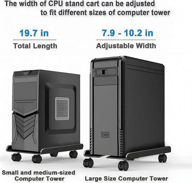 Alt view image 2 of 6 - Computer Tower Stand, Adjustable Heavy-Duty CPU Stand Cart, Mobile Metal PC Tower Stand with Rolling Casters, Large CPU Raise Fits Most PC Gaming Desk Accessories