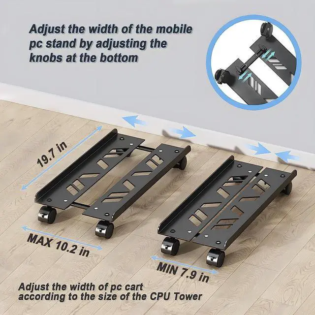 Alt view image 3 of 6 - Computer Tower Stand, Adjustable Heavy-Duty CPU Stand Cart, Mobile Metal PC Tower Stand with Rolling Casters, Large CPU Raise Fits Most PC Gaming Desk Accessories
