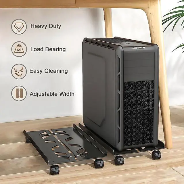 Alt view image 4 of 6 - Computer Tower Stand, Adjustable Heavy-Duty CPU Stand Cart, Mobile Metal PC Tower Stand with Rolling Casters, Large CPU Raise Fits Most PC Gaming Desk Accessories