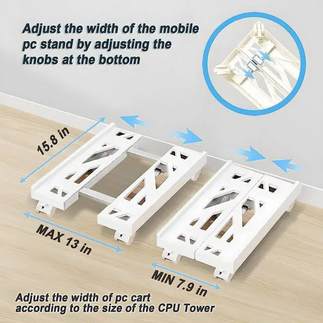 Alt view image 3 of 6 - Computer Tower Stand, Adjustable CPU Stand Cart, Mobile PC Stand with Rolling Casters, CPU Raise Fits Most PC Gaming Office Desk Accessories - White