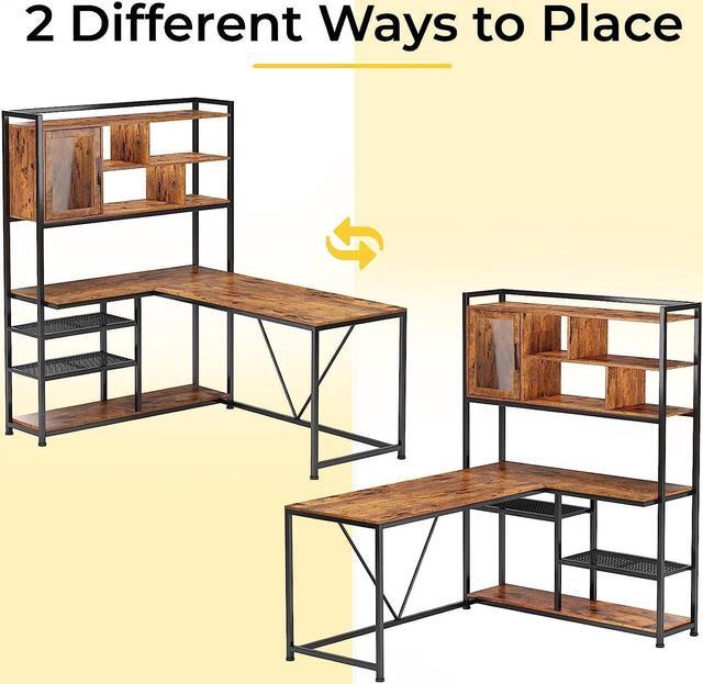 Alt view image 4 of 6 - L Shape Computer Desk, 58'' Office Desk with LED Light and Bookshelf, L Shaped Corner Desk with Storage Shelves for Home Office, Gaming Desk, L Desk, Rustic Brown