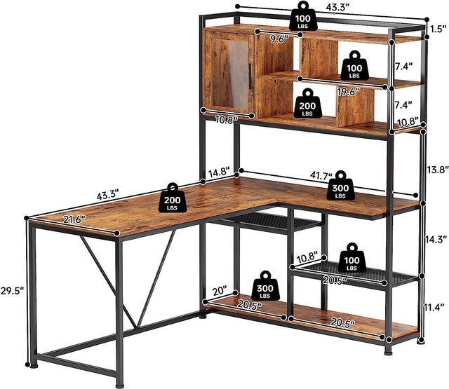 Alt view image 2 of 6 - L Shape Computer Desk, 58'' Office Desk with LED Light and Bookshelf, L Shaped Corner Desk with Storage Shelves for Home Office, Gaming Desk, L Desk, Rustic Brown