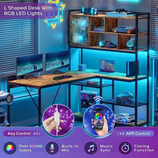 Alt view image 5 of 6 - L Shape Computer Desk, 58'' Office Desk with LED Light and Bookshelf, L Shaped Corner Desk with Storage Shelves for Home Office, Gaming Desk, L Desk, Rustic Brown
