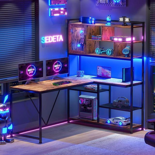 Alt view image 6 of 6 - L Shape Computer Desk, 58'' Office Desk with LED Light and Bookshelf, L Shaped Corner Desk with Storage Shelves for Home Office, Gaming Desk, L Desk, Rustic Brown
