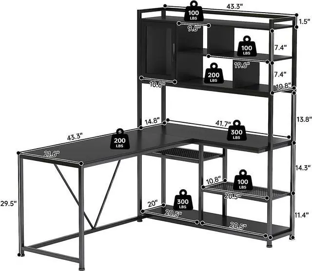 Alt view image 2 of 6 - L Shape Computer Desk, 58'' Office Desk with LED Light and Bookshelf, L Shaped Corner Desk with Storage Shelves for Home Office, Gaming Desk, L Desk, Black