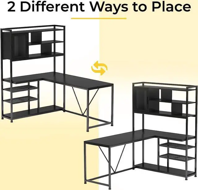Alt view image 4 of 6 - L Shape Computer Desk, 58'' Office Desk with LED Light and Bookshelf, L Shaped Corner Desk with Storage Shelves for Home Office, Gaming Desk, L Desk, Black