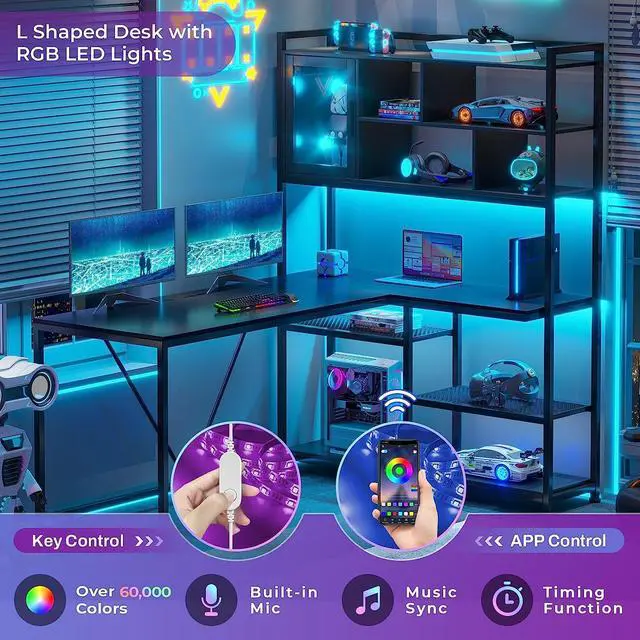 Alt view image 5 of 6 - L Shape Computer Desk, 58'' Office Desk with LED Light and Bookshelf, L Shaped Corner Desk with Storage Shelves for Home Office, Gaming Desk, L Desk, Black