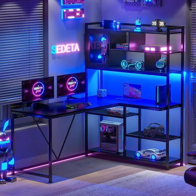 Alt view image 6 of 6 - L Shape Computer Desk, 58'' Office Desk with LED Light and Bookshelf, L Shaped Corner Desk with Storage Shelves for Home Office, Gaming Desk, L Desk, Black