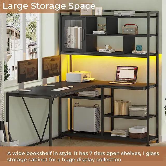 Alt view image 3 of 6 - L Shape Computer Desk, 58'' Office Desk with LED Light and Bookshelf, L Shaped Corner Desk with Storage Shelves for Home Office, Gaming Desk, L Desk, Black