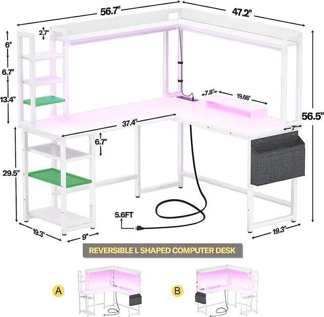Alt view image 3 of 7 - 56.7" L Shaped Desk with Power Outlet, L Shaped Gaming Desk with Led Light & Hutch, Reversible Home Office Desk, Corner Computer Desk Writing Desk with Monitor Stand & Storage Shelves, White