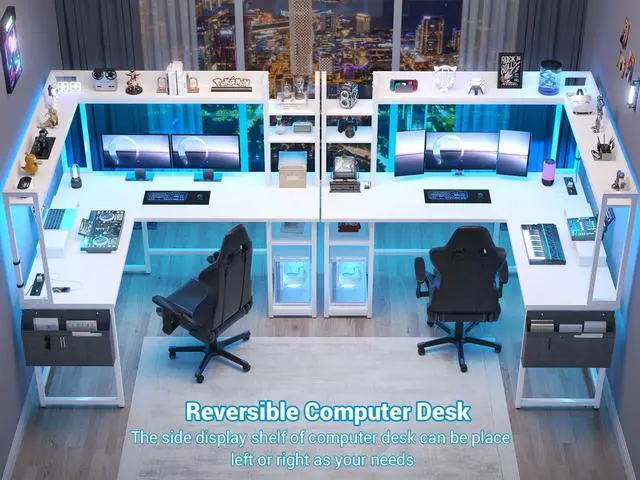 Alt view image 2 of 7 - 56.7" L Shaped Desk with Power Outlet, L Shaped Gaming Desk with Led Light & Hutch, Reversible Home Office Desk, Corner Computer Desk Writing Desk with Monitor Stand & Storage Shelves, White