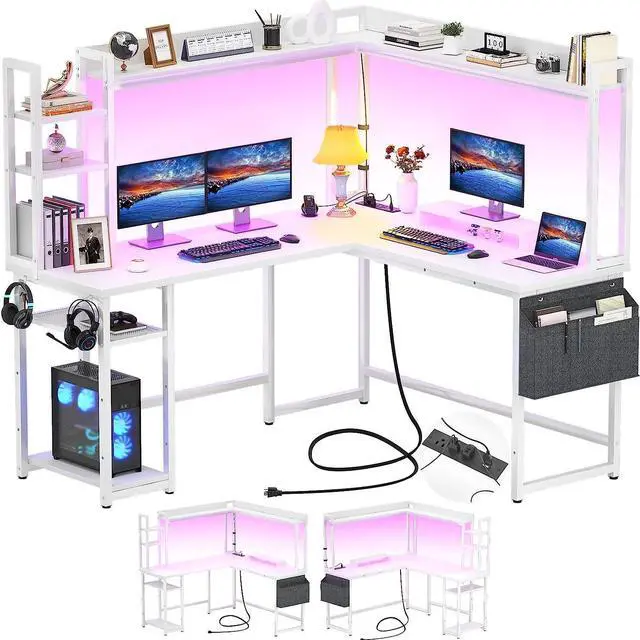 Main image of 56.7" L Shaped Desk with Power Outlet, L Shaped Gaming Desk with Led Light & Hutch, Reversible Home Office Desk, Corner Computer Desk Writing Desk with Monitor Stand & Storage Shelves, White