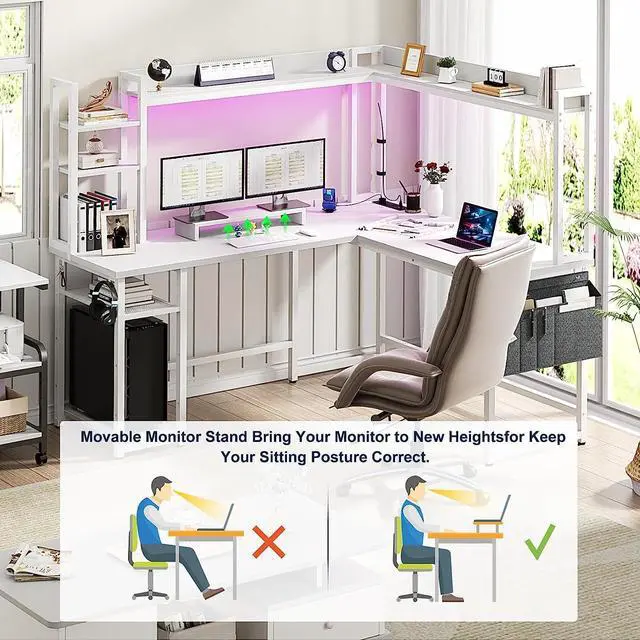 Alt view image 6 of 7 - 56.7" L Shaped Desk with Power Outlet, L Shaped Gaming Desk with Led Light & Hutch, Reversible Home Office Desk, Corner Computer Desk Writing Desk with Monitor Stand & Storage Shelves, White