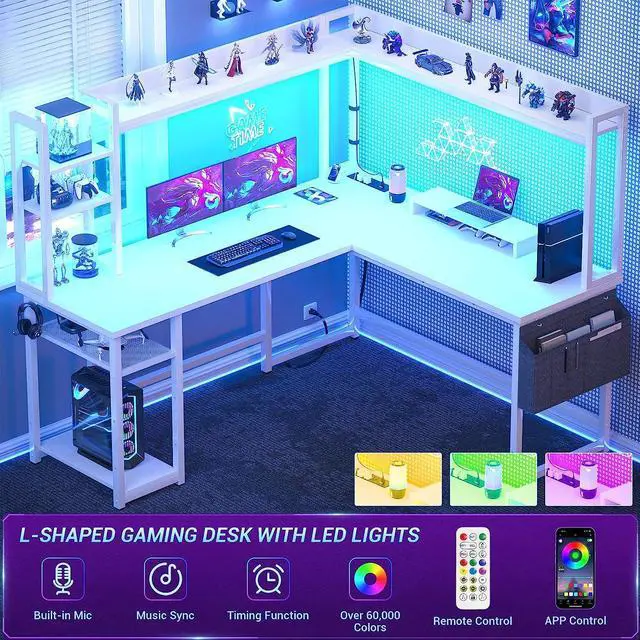 Alt view image 4 of 7 - 56.7" L Shaped Desk with Power Outlet, L Shaped Gaming Desk with Led Light & Hutch, Reversible Home Office Desk, Corner Computer Desk Writing Desk with Monitor Stand & Storage Shelves, White