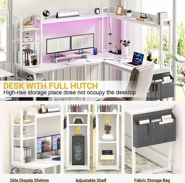 Alt view image 7 of 7 - 56.7" L Shaped Desk with Power Outlet, L Shaped Gaming Desk with Led Light & Hutch, Reversible Home Office Desk, Corner Computer Desk Writing Desk with Monitor Stand & Storage Shelves, White