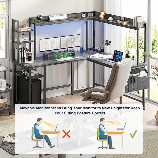 Alt view image 4 of 7 - 56.7" L Shaped Desk with Power Outlet, L Shaped Gaming Desk with Led Light & Hutch, Reversible Home Office Desk, Corner Computer Desk Writing Desk with Monitor Stand & Storage Shelves, Gray