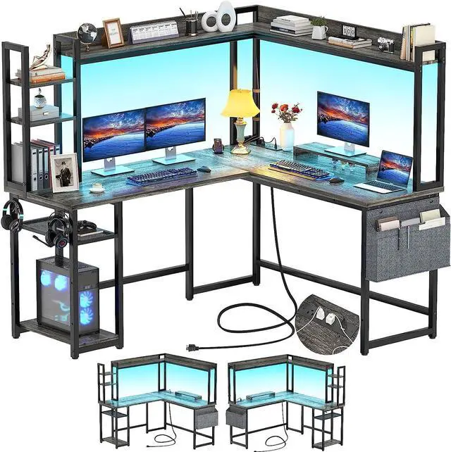 Main image of 56.7" L Shaped Desk with Power Outlet, L Shaped Gaming Desk with Led Light & Hutch, Reversible Home Office Desk, Corner Computer Desk Writing Desk with Monitor Stand & Storage Shelves, Gray