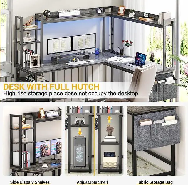Alt view image 6 of 7 - 56.7" L Shaped Desk with Power Outlet, L Shaped Gaming Desk with Led Light & Hutch, Reversible Home Office Desk, Corner Computer Desk Writing Desk with Monitor Stand & Storage Shelves, Gray