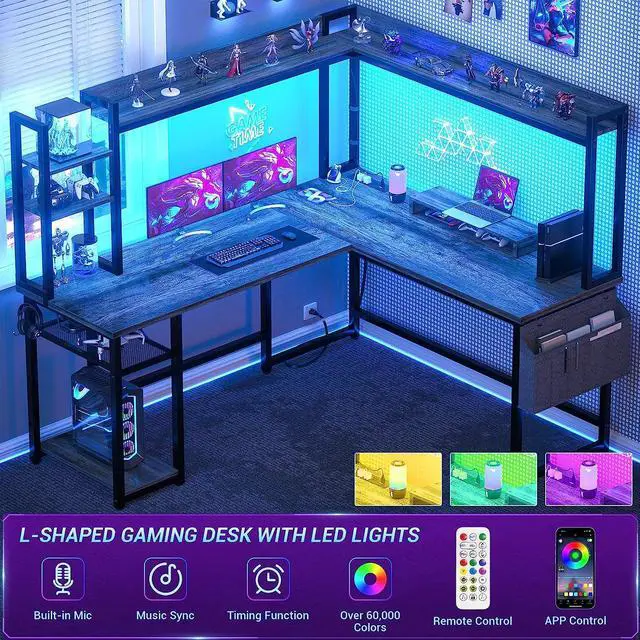 Alt view image 2 of 7 - 56.7" L Shaped Desk with Power Outlet, L Shaped Gaming Desk with Led Light & Hutch, Reversible Home Office Desk, Corner Computer Desk Writing Desk with Monitor Stand & Storage Shelves, Gray