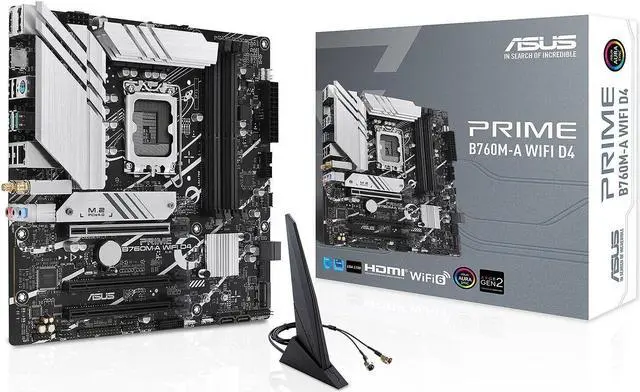 Main image of ASUS PRIME B760M-A WIFI D4 (LGA 1700) mATX motherboard, PCIe 4.0, two M.2 slots, Realtek 2.5Gb Ethernet, Wi-Fi 6, DP/HDMI, SATA 6 Gbps, rear USB 3.2 Gen 2, front USB 3.2 Gen 1 Type-C, Aura Sync