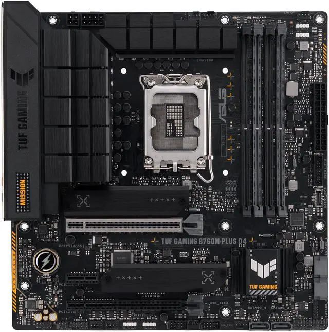 Main image of ASUS TUF GAMING B760M-PLUS D4 Intel B760 (13th and 12th Gen) LGA 1700 mATX motherboard, PCIe 5.0, 2x 4.0 M.2 slots, DDR4, Realtek 2.5Gb Ethernet, DisplayPort, HDMI, SATA 6 Gbps, USB 3.2 Gen 2x2 Type-C