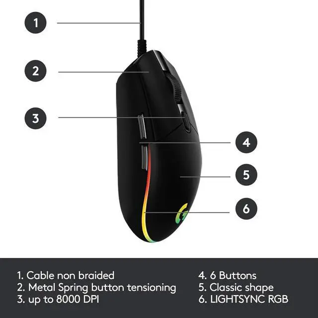 Alt view image 6 of 6 - Logitech G102 Light Sync Gaming Wired Mouse with Customizable RGB Lighting, 6 Programmable Buttons, Gaming Grade Sensor, 8 k dpi Tracking,16.8mn Color, Light Weight (Black)