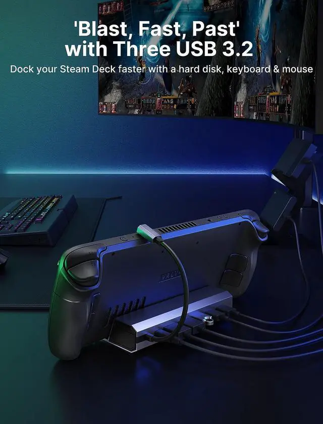 Alt view image 4 of 7 - Docking Station for Steam Deck, 7-in-1 Steam Deck Dock with HDMI 4K@60Hz, DisplayPort, Gigabit Ethernet,3 USB-A 3.0 and USB-C Charging Port w/ 8K HDMI Cable 2.1 6FT, 48Gbps 8K&4K Ultra High Speed Cord