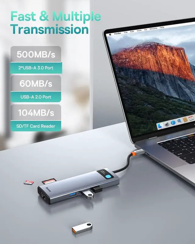 Alt view image 6 of 6 - Baseus Laptop Docking Station Dual Monitor, 9 in 1 USB C Hub with 1000Mbps LAN, 2 HDMI 4K, 100W PD, SD/TF Card Reader, 3 USB, USB C Dock Compatible with MacBook/Dell/HP/Surface/Lenovo/Steam Deck